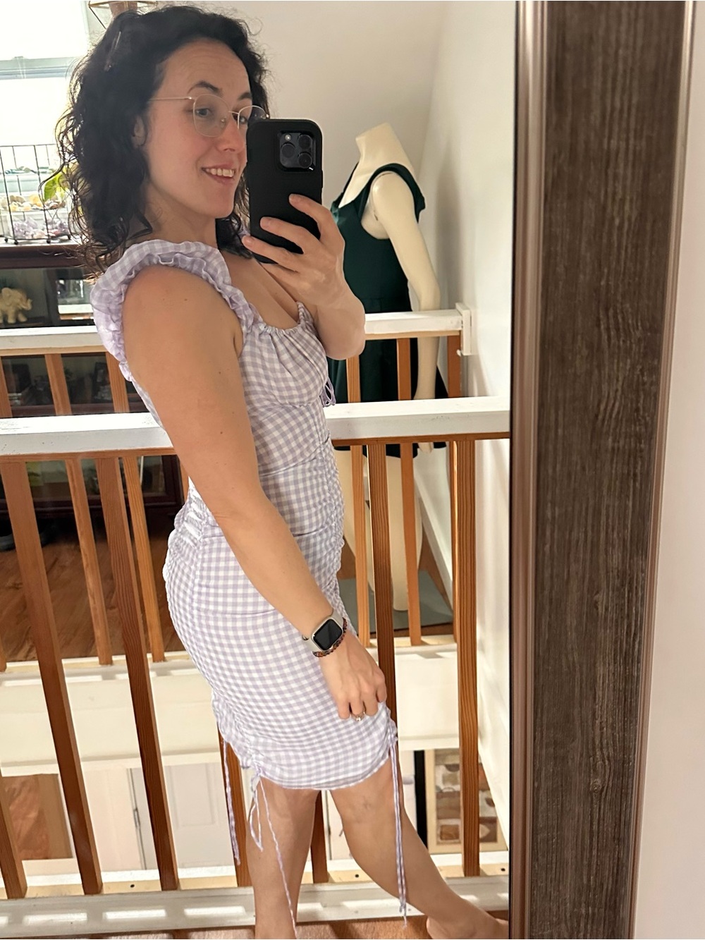 🫖🧺 Cotton Candy LA // Lavender Gingham Off-Shoulder Ruched Bodycon Dress